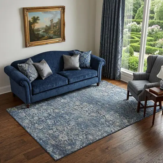 Blue And Gray Floral Medallion Distressed Washable Area Rug With UV Protection Photo 1