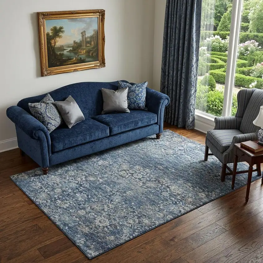 Blue And Gray Floral Medallion Distressed Washable Area Rug With UV Protection Photo 1