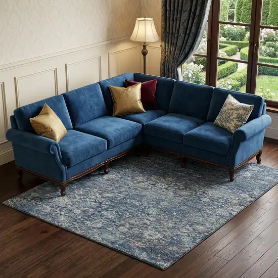 Blue And Gray Floral Medallion Distressed Washable Area Rug With UV Protection Photo 1