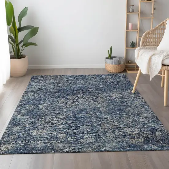 Blue And Gray Floral Medallion Washable Area Rug With UV Protection Photo 4