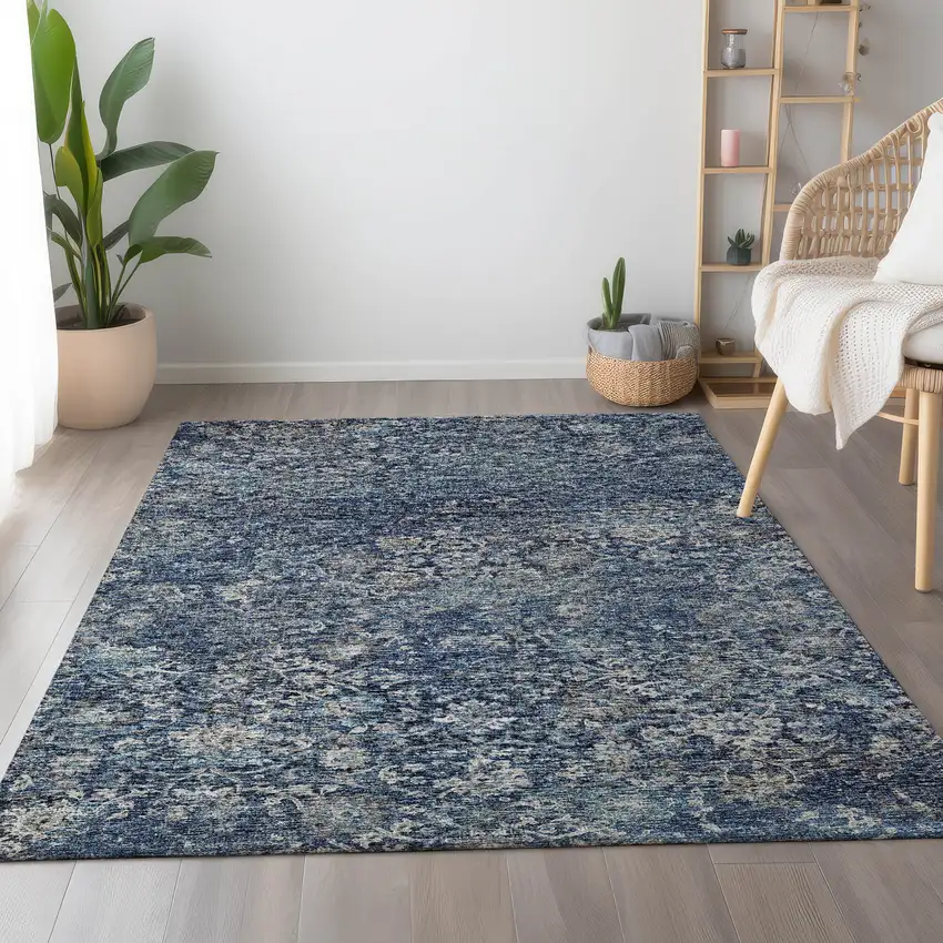 Blue And Gray Floral Medallion Washable Area Rug With UV Protection Photo 4
