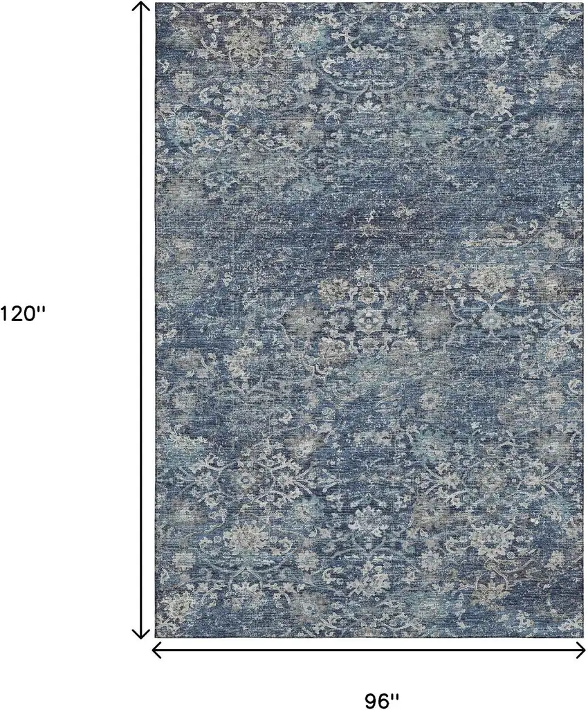 Blue And Gray Floral Medallion Washable Area Rug With UV Protection Photo 3