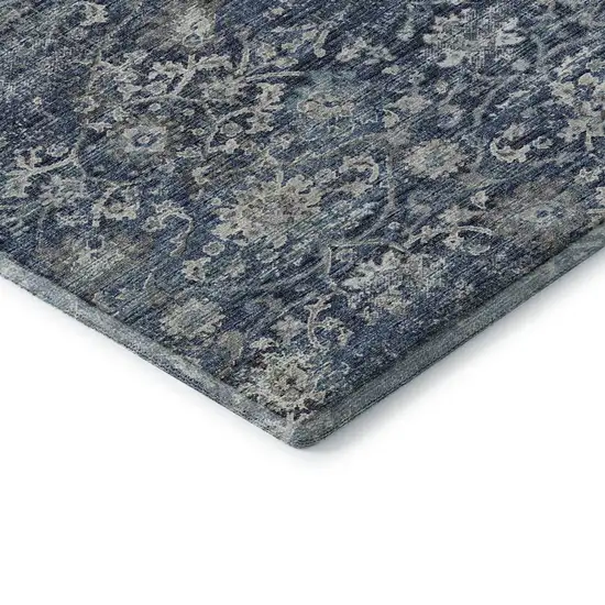 Blue And Gray Floral Medallion Washable Area Rug With UV Protection Photo 7