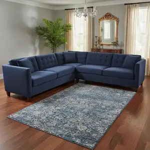 Photo of Blue And Gray Floral Medallion Washable Area Rug With UV Protection