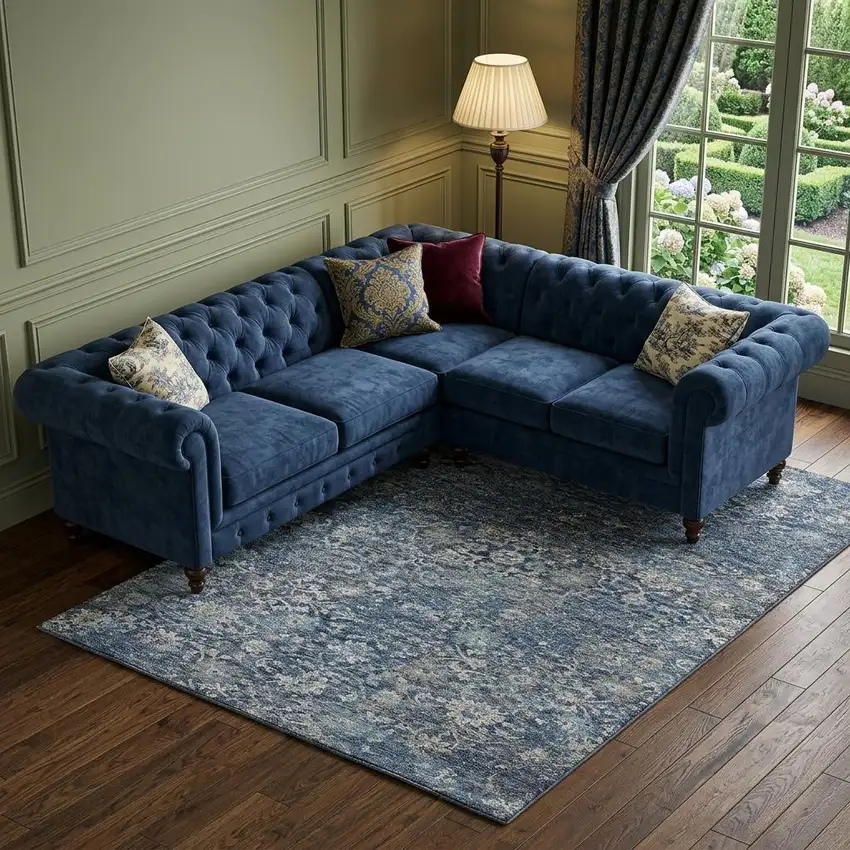 Blue And Gray Floral Medallion Distressed Washable Area Rug With UV Protection Photo 1