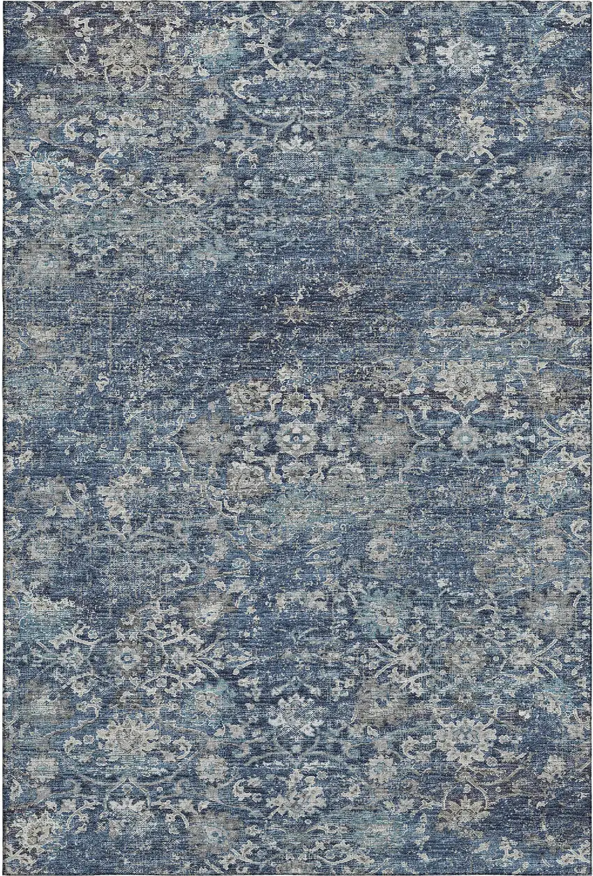 Blue And Gray Floral Medallion Washable Area Rug With UV Protection Photo 2