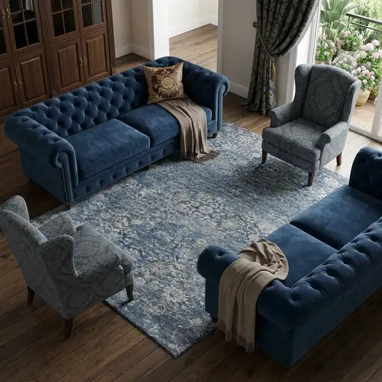 Blue And Gray Floral Medallion Distressed Washable Area Rug With UV Protection Photo 1