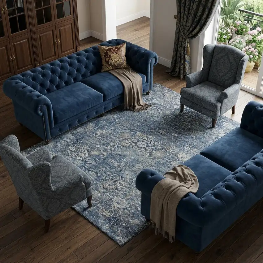 Blue And Gray Floral Medallion Distressed Washable Area Rug With UV Protection Photo 1