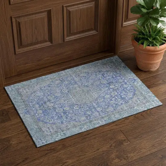 Blue And Gray Floral Medallion Washable Area Rug With UV Protection Photo 1