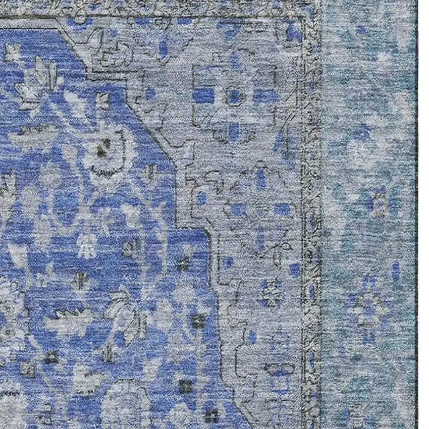 Blue And Gray Floral Medallion Washable Area Rug With UV Protection Photo 2