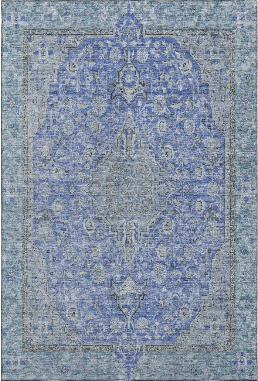 Blue And Gray Floral Medallion Washable Area Rug With UV Protection Photo 1