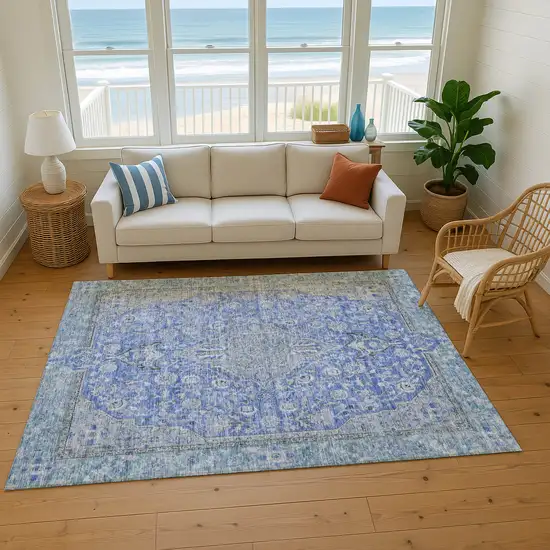 Blue And Gray Floral Medallion Washable Area Rug With UV Protection Photo 5