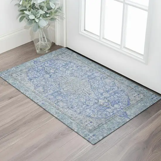 Blue And Gray Floral Medallion Washable Area Rug With UV Protection Photo 2
