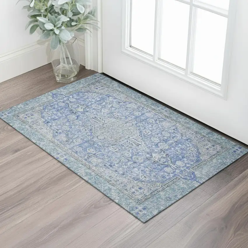 Blue And Gray Floral Medallion Washable Area Rug With UV Protection Photo 2