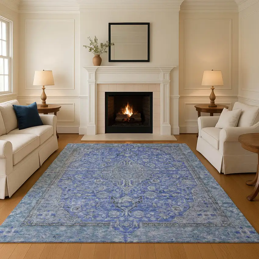 Blue And Gray Floral Medallion Washable Area Rug With UV Protection Photo 4