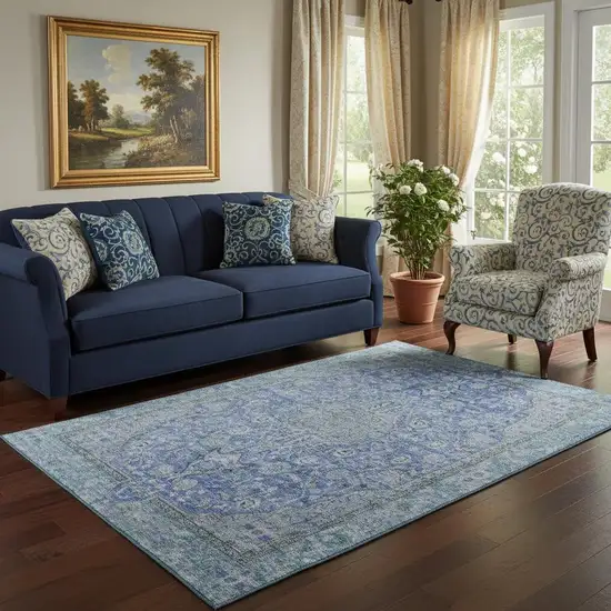 Blue And Gray Floral Medallion Washable Area Rug With UV Protection Photo 2