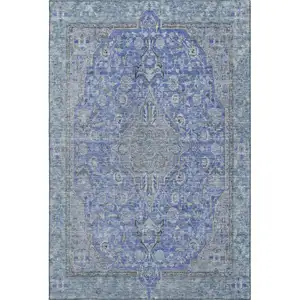 Photo of Blue And Gray Floral Medallion Washable Area Rug With UV Protection