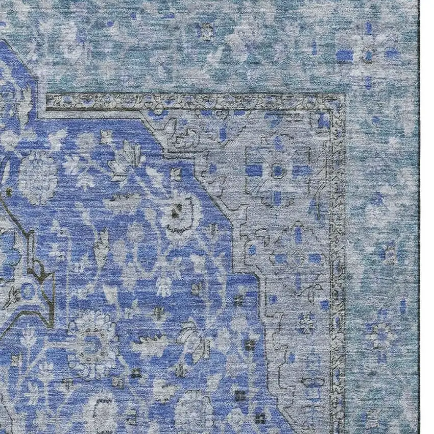 Blue And Gray Floral Medallion Washable Area Rug With UV Protection Photo 3