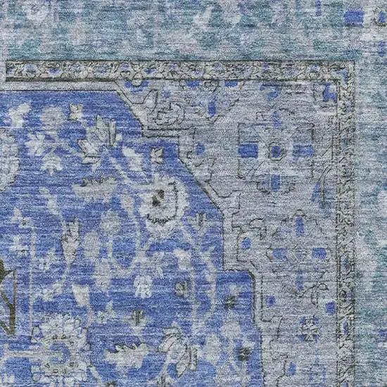 Blue And Gray Floral Medallion Washable Area Rug With UV Protection Photo 2