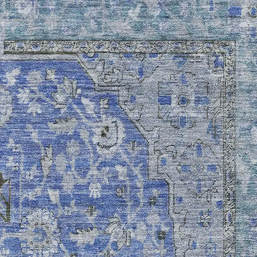 Blue And Gray Floral Medallion Washable Area Rug With UV Protection Photo 2