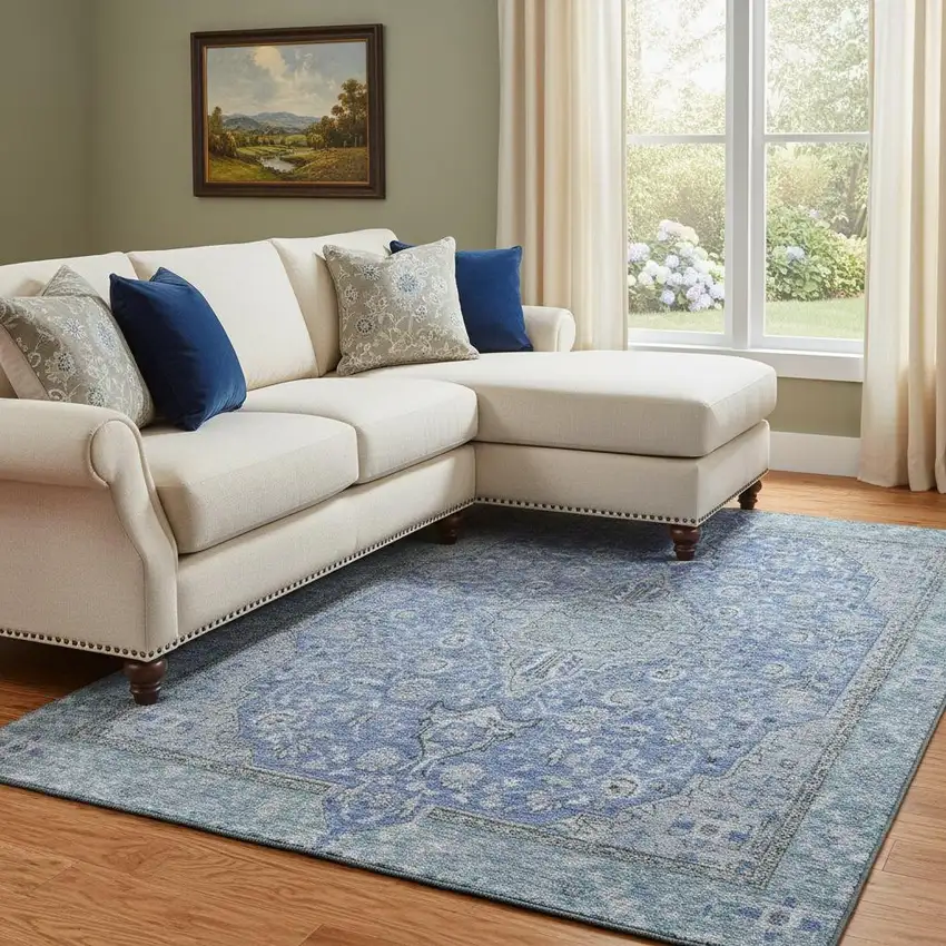Blue And Gray Floral Medallion Washable Area Rug With UV Protection Photo 2