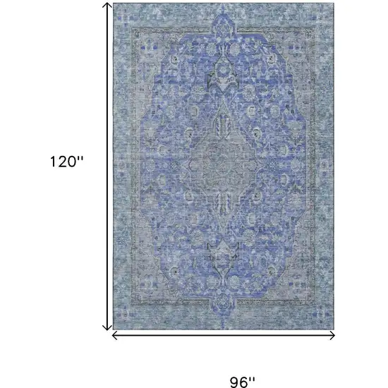 Blue And Gray Floral Medallion Washable Area Rug With UV Protection Photo 7