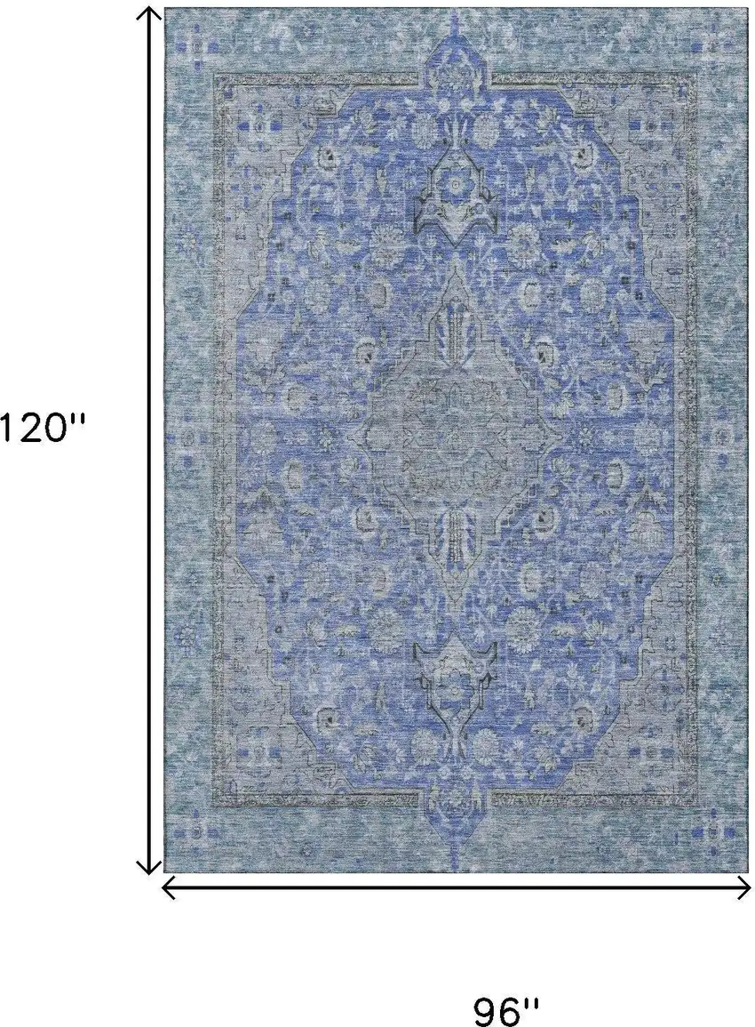 Blue And Gray Floral Medallion Washable Area Rug With UV Protection Photo 7