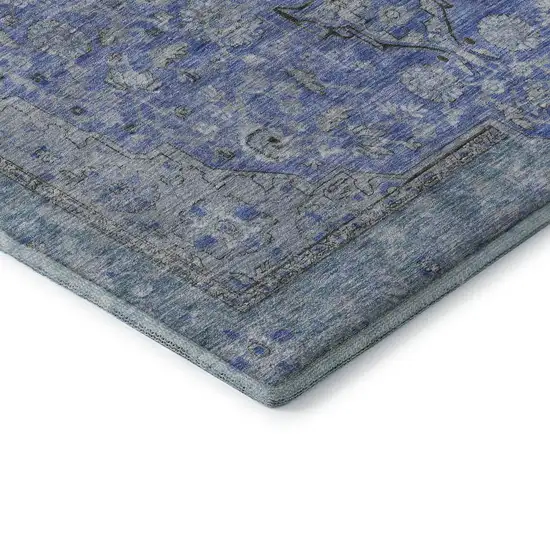 Blue And Gray Floral Medallion Washable Area Rug With UV Protection Photo 7
