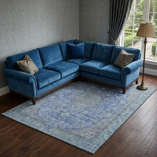 Blue And Gray Floral Medallion Washable Area Rug With UV Protection Photo 1