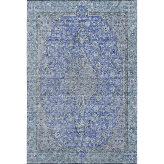 Blue And Gray Floral Medallion Washable Area Rug With UV Protection Photo 1