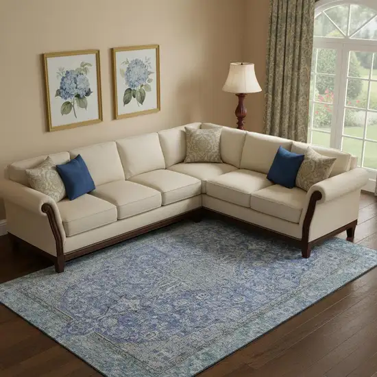 Blue And Gray Floral Medallion Washable Area Rug With UV Protection Photo 2