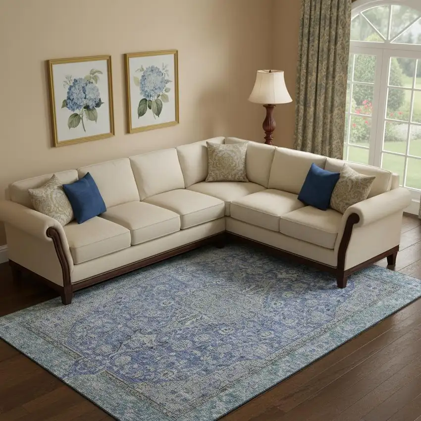 Blue And Gray Floral Medallion Washable Area Rug With UV Protection Photo 2