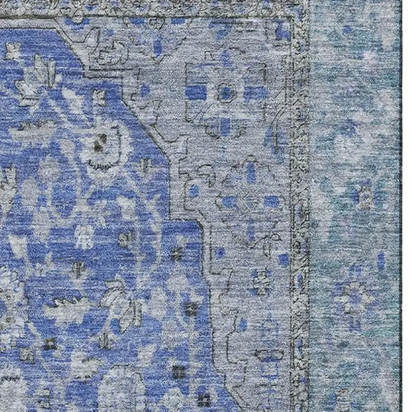 Blue And Gray Floral Medallion Washable Area Rug With UV Protection Photo 2