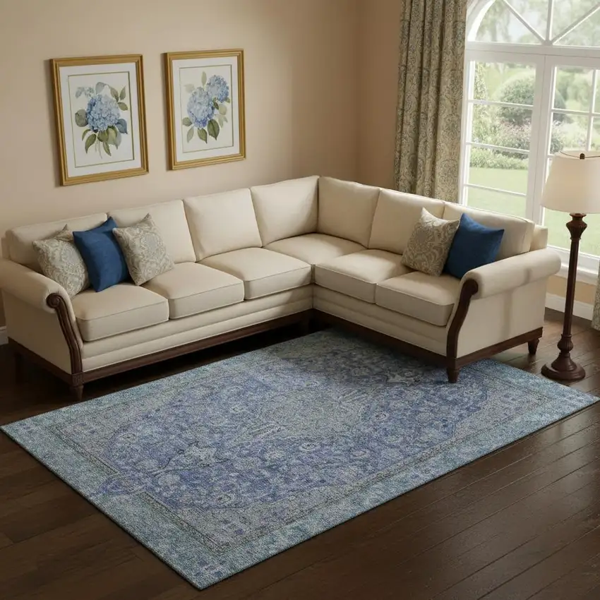 Blue And Gray Floral Medallion Washable Area Rug With UV Protection Photo 2