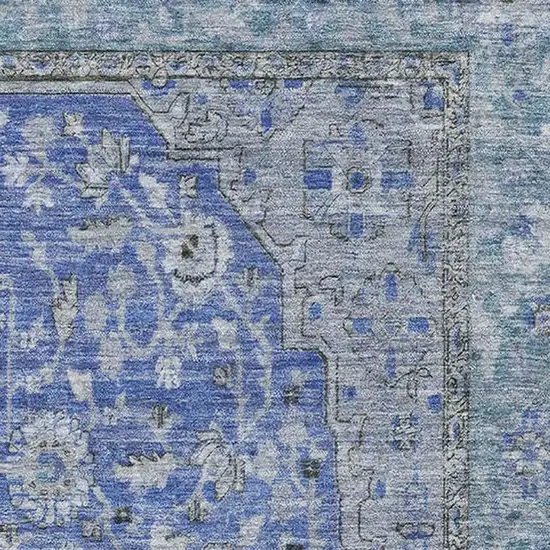 Blue And Gray Floral Medallion Washable Area Rug With UV Protection Photo 2