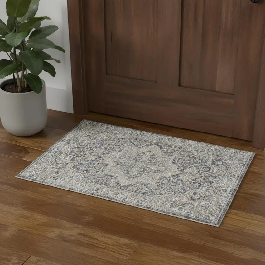 Blue And Gray Floral Medallion Washable Area Rug Photo 1