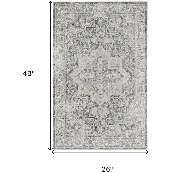 Blue And Gray Floral Medallion Washable Area Rug Photo 3