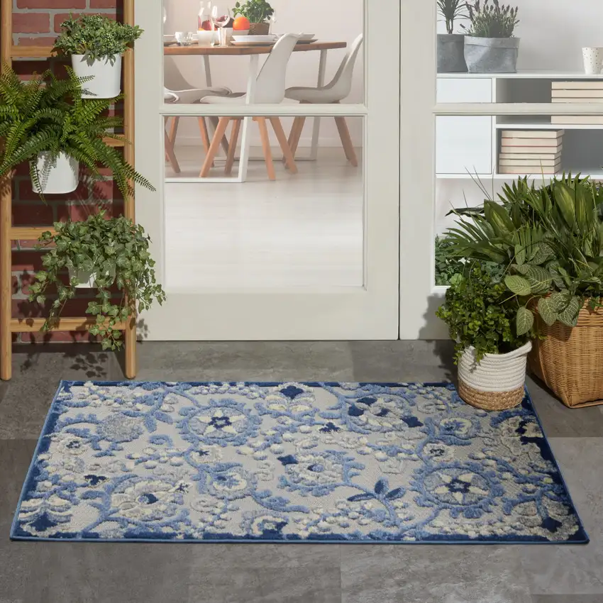 Blue And Gray Floral Power Loom Area Rug Photo 9