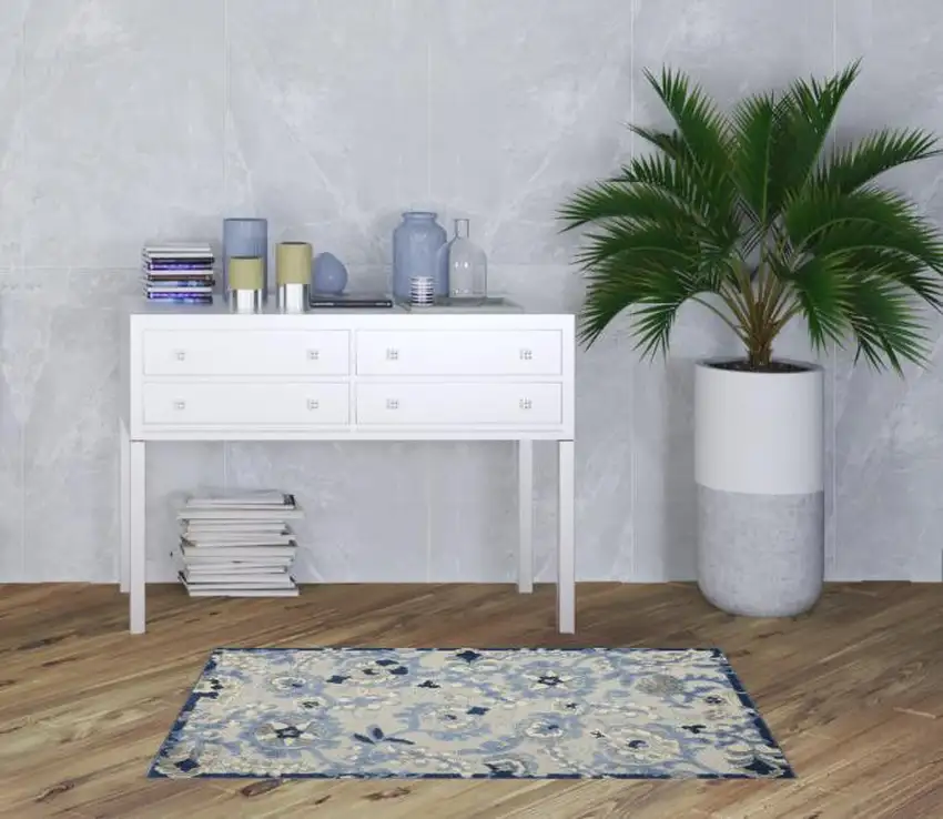 Blue And Gray Floral Power Loom Area Rug Photo 2