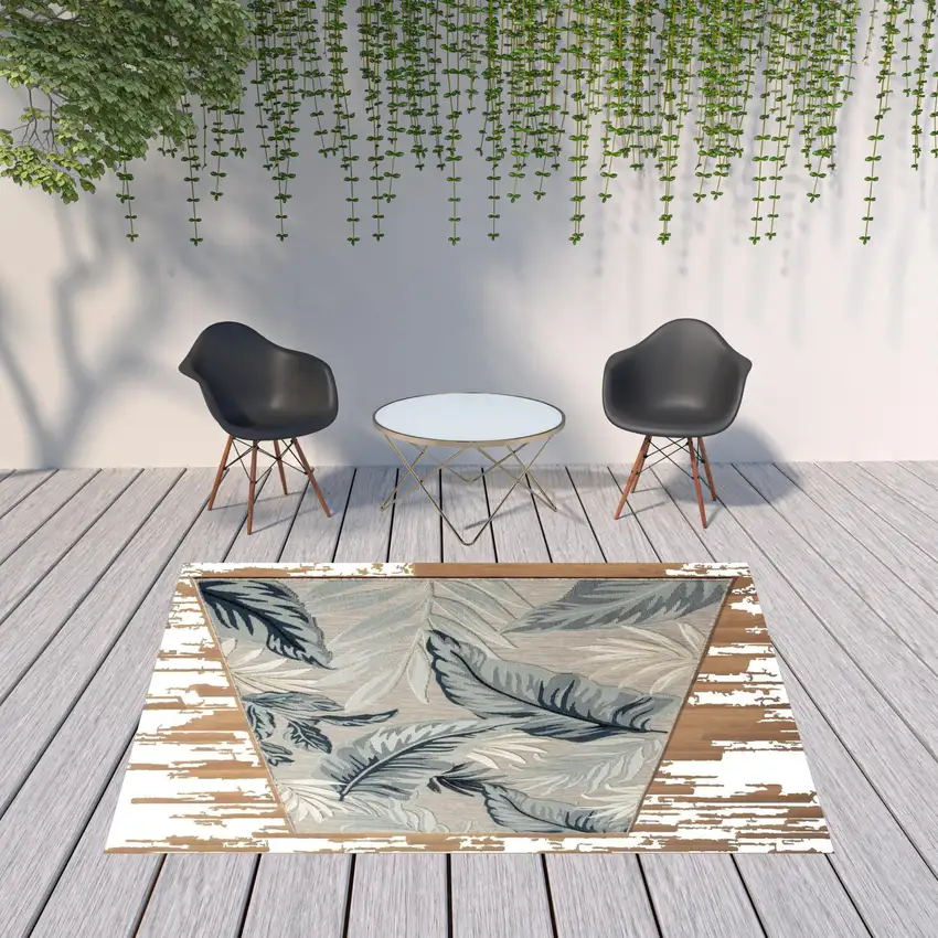 Blue And Gray Floral Stain Resistant Indoor Outdoor Area Rug Photo 3