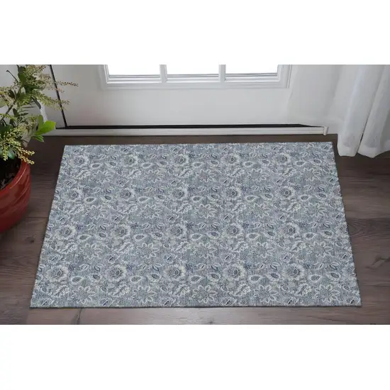 Blue And Gray Floral Washable Area Rug With UV Protection Photo 2