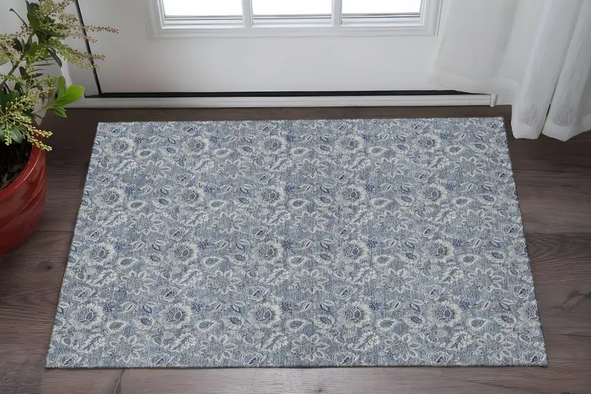 Blue And Gray Floral Washable Area Rug With UV Protection Photo 2