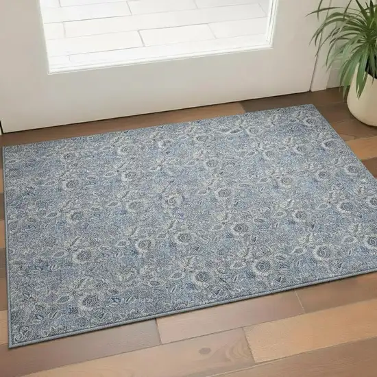 Blue And Gray Floral Washable Area Rug With UV Protection Photo 1