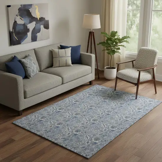 Blue And Gray Floral Washable Area Rug With UV Protection Photo 1