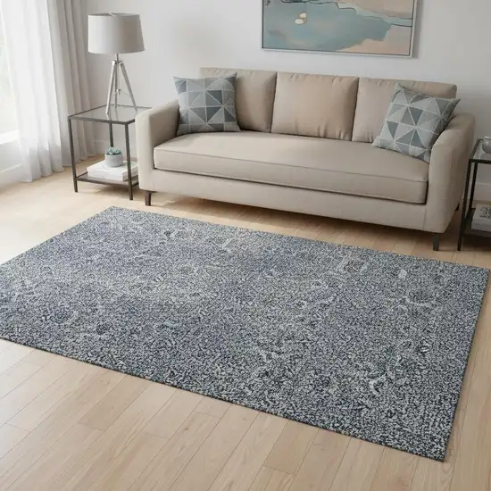 Blue And Gray Floral Washable Area Rug With UV Protection Photo 1