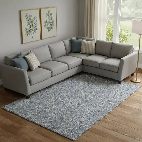 Blue And Gray Floral Washable Area Rug With UV Protection Photo 1