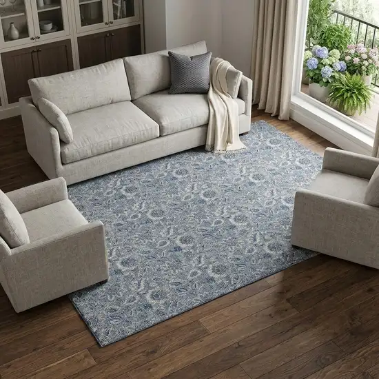 Blue And Gray Floral Washable Area Rug With UV Protection Photo 1