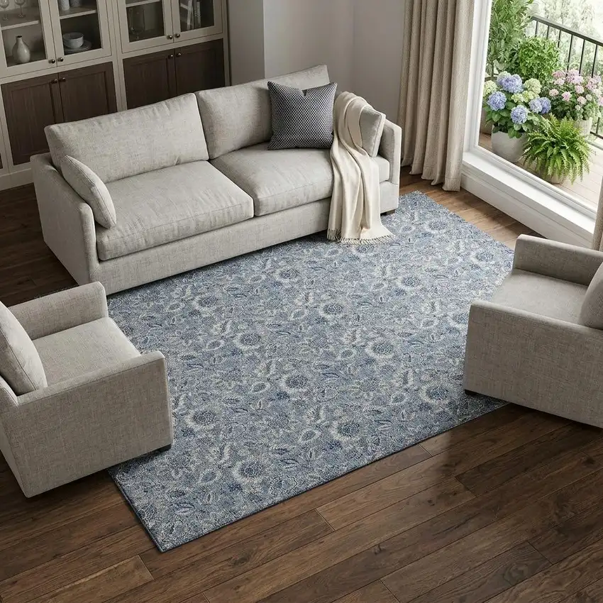 Blue And Gray Floral Washable Area Rug With UV Protection Photo 1