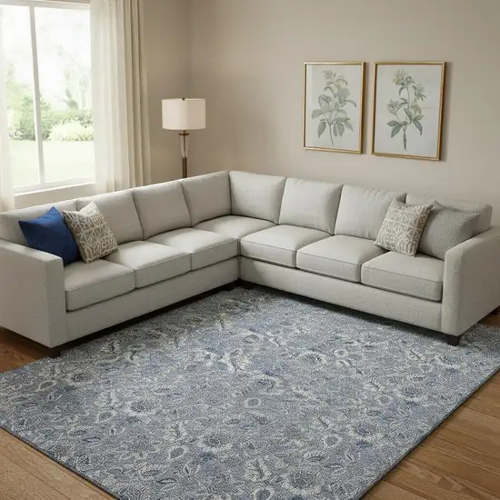 Blue And Gray Floral Washable Area Rug With UV Protection Photo 2