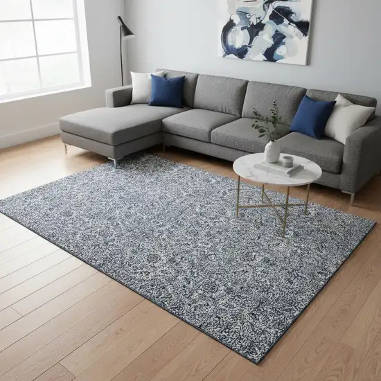 Blue And Gray Floral Washable Area Rug With UV Protection Photo 1